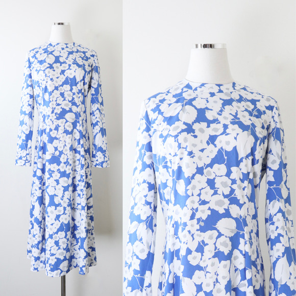Vintage Dresses & Skirts - Vintage 1970s Marek New York Midi Dress Blue Floral Print Long Sleeve